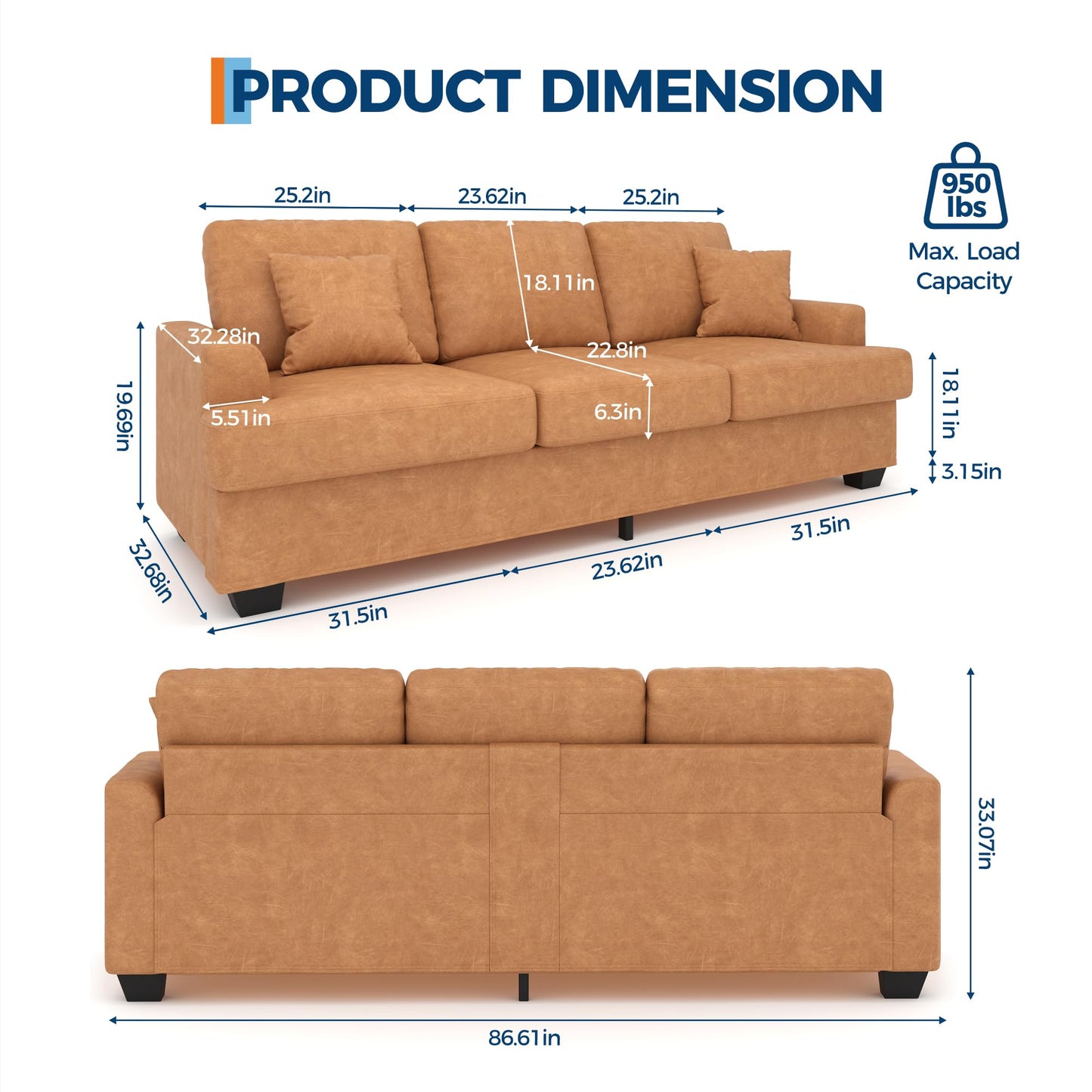 Garvee 86" Faux Leather Sofa, Modern Deep Seat Couch with 2 Throw Pillows, Upholstered Cushion & Removable Cover, Comfy Leather Couch for Small Space, Apartment, Living Room Lounge, Brown