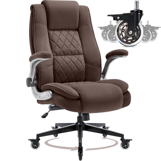 Fabric High Back Office Chair with Lockable Quiet Casters, Thick Padded Ergonomic Computer Chair- Adjustable Lumbar Support & Flip-Up Arms, Wide Executive Desk Chair for Back Pain, 400LBS Capacity