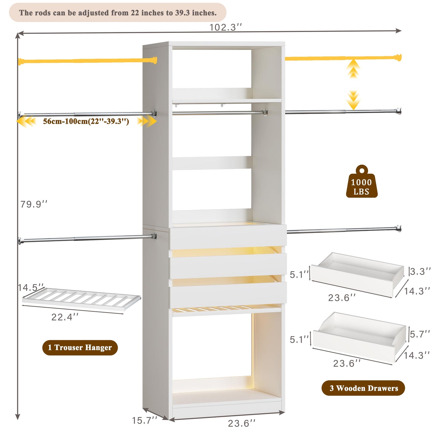 Closet System, 4-8FT Closet Organizer with 3 Wood Drawers & Glass Top, 102'' Walk in Closet with 5 Hang Rods & LED Lights & Trouser Rack, Built-in Wardrobe Clothes Rack with Shelves and Tower, White