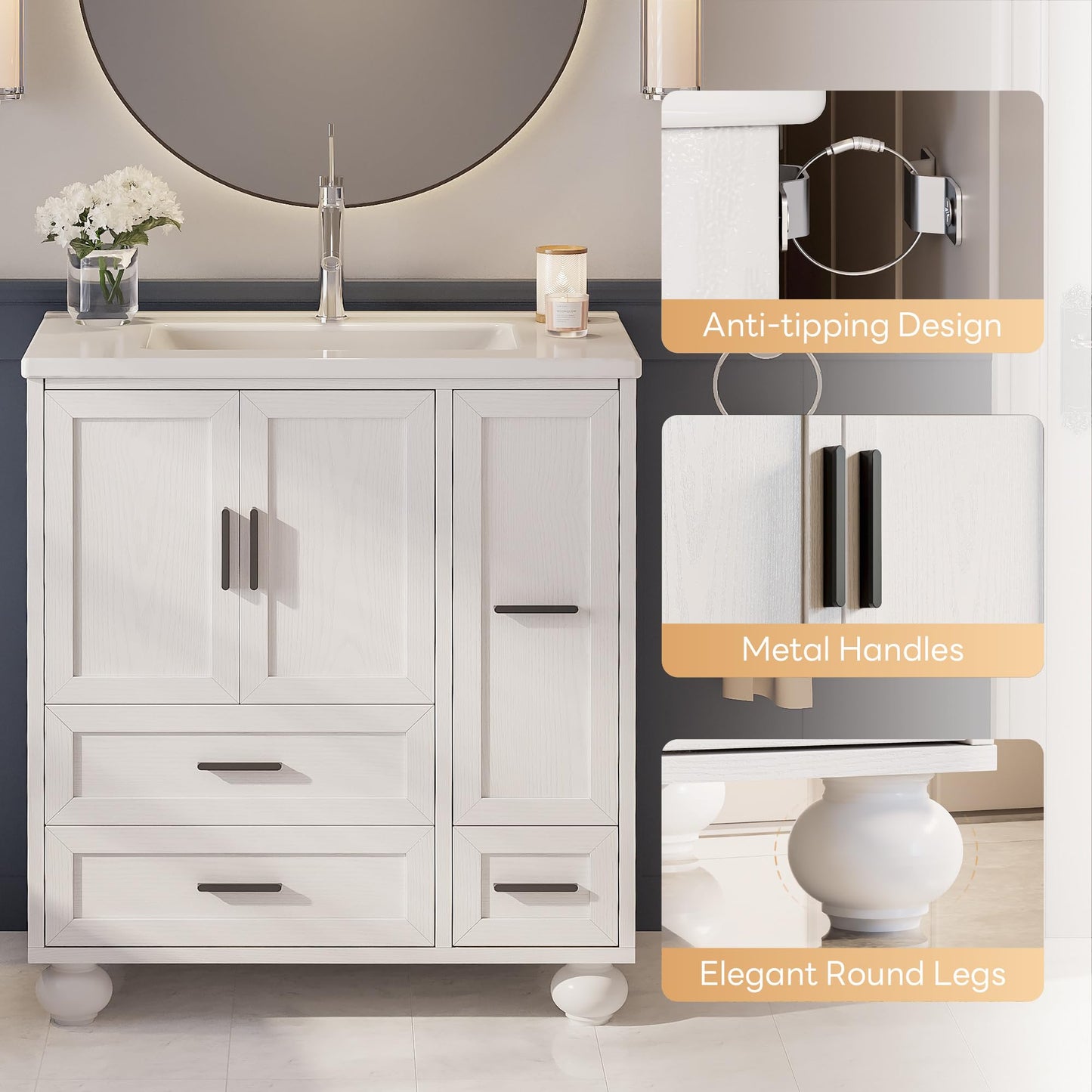 LIKIMIO 29.5" Bathroom Vanity with Sink, Hair Tool Drawer, 4 Solid Legs, 4 Drawers 2 Doors, Modern Freestanding Wooden Bathroom Cabinet with Undermount Upgraded SMC Sink, Quick Assembly, White