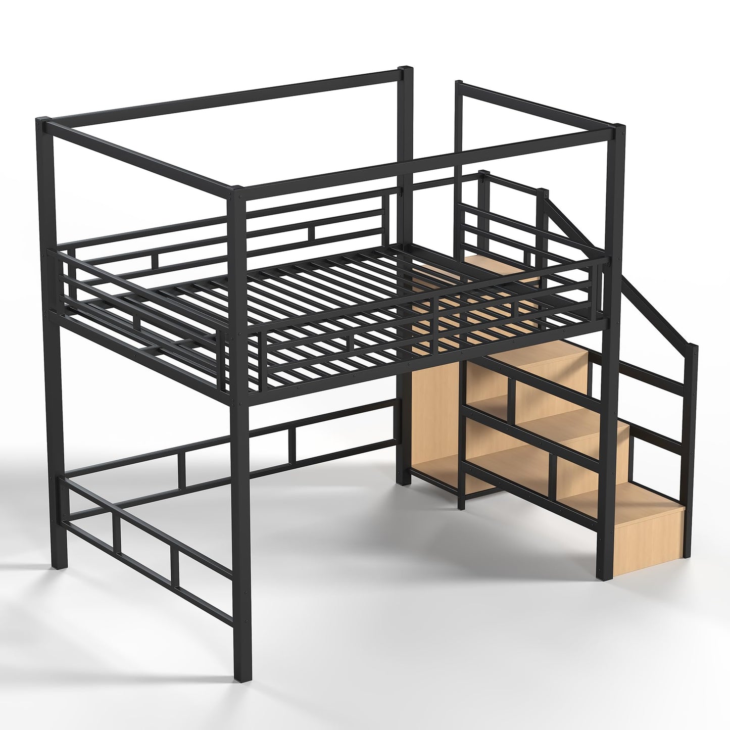 Bellemave Queen Size Loft Bed Frame with Storage Stairs and Wardrobe, Queen Size Game Loft Bed with Canopy Frame, Heavy Duty Loft Bed for Adults Teens Black