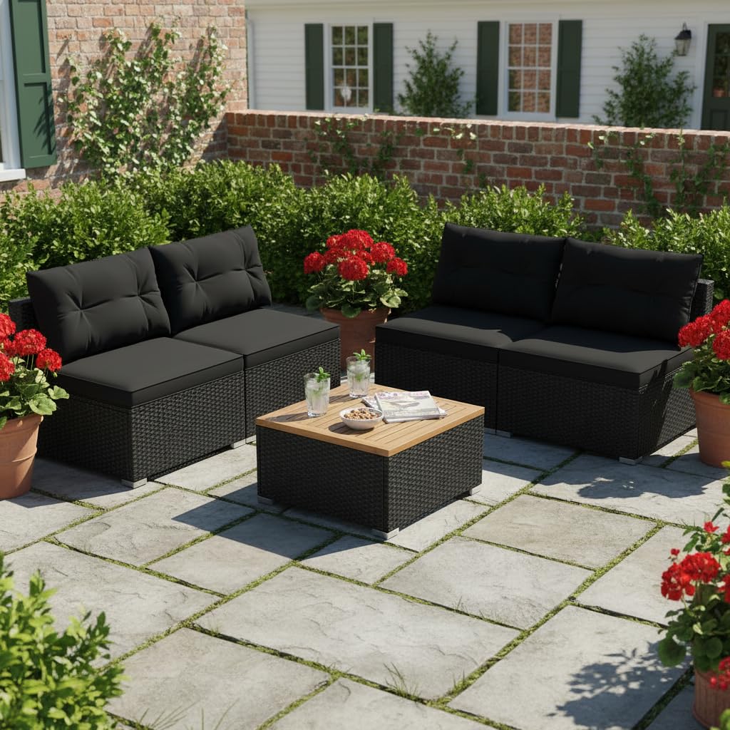 Tangkula 5 Pieces Wicker Patio Furniture Set, Outdoor 4 Armless Rattan Sofa & Coffee Table Set, with Cushions, Acacia Wood Tabletop, Sectional Patio Conversation Set for Lawn, Yard, Poolside, Black