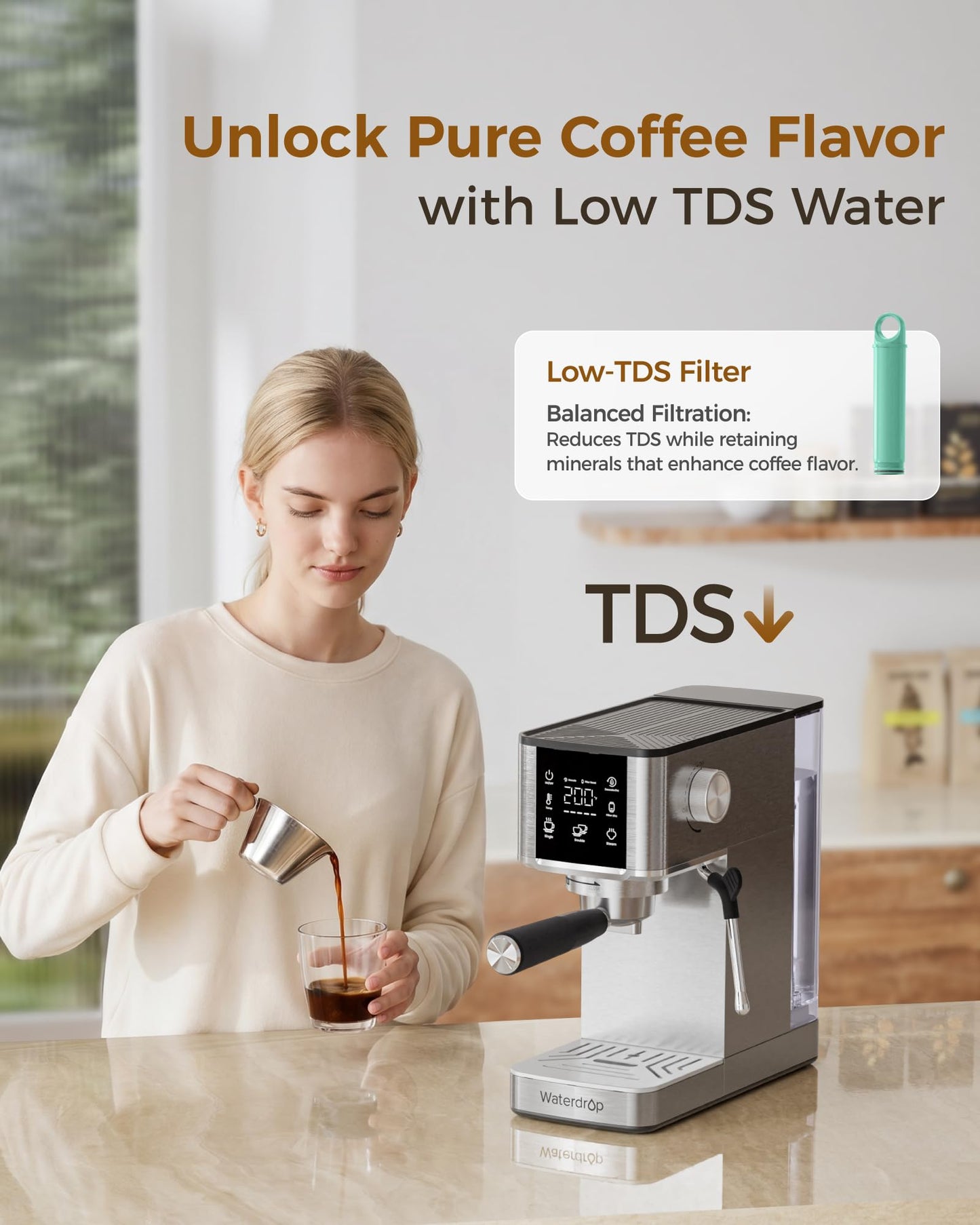 Waterdrop MC-02C Semi-Automatic Espresso Machine, TDS Reduction Preserves Beneficial Minerals, 20 Bar Pressure, Coffee Maker with 40oz Water Tank, Powerful Steam Wand for Lattes, Cappuccinos and More