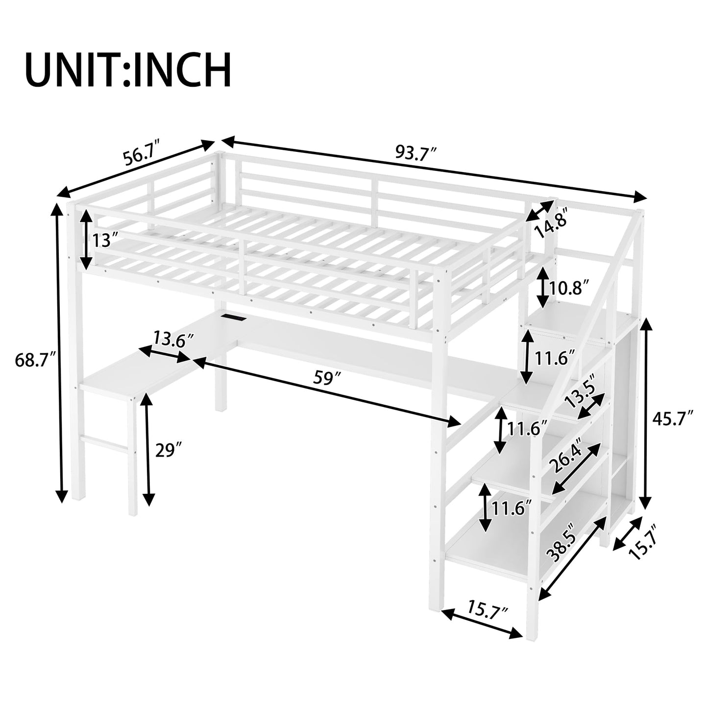Bellemave Full Size Metal Loft Bed with L Shaped Desk and Wardrobe, Heavy Duty Loft Bed Frame with Storage Stairs, LED Loft Bed Frame with Charging Station & Safety Guardrails, White