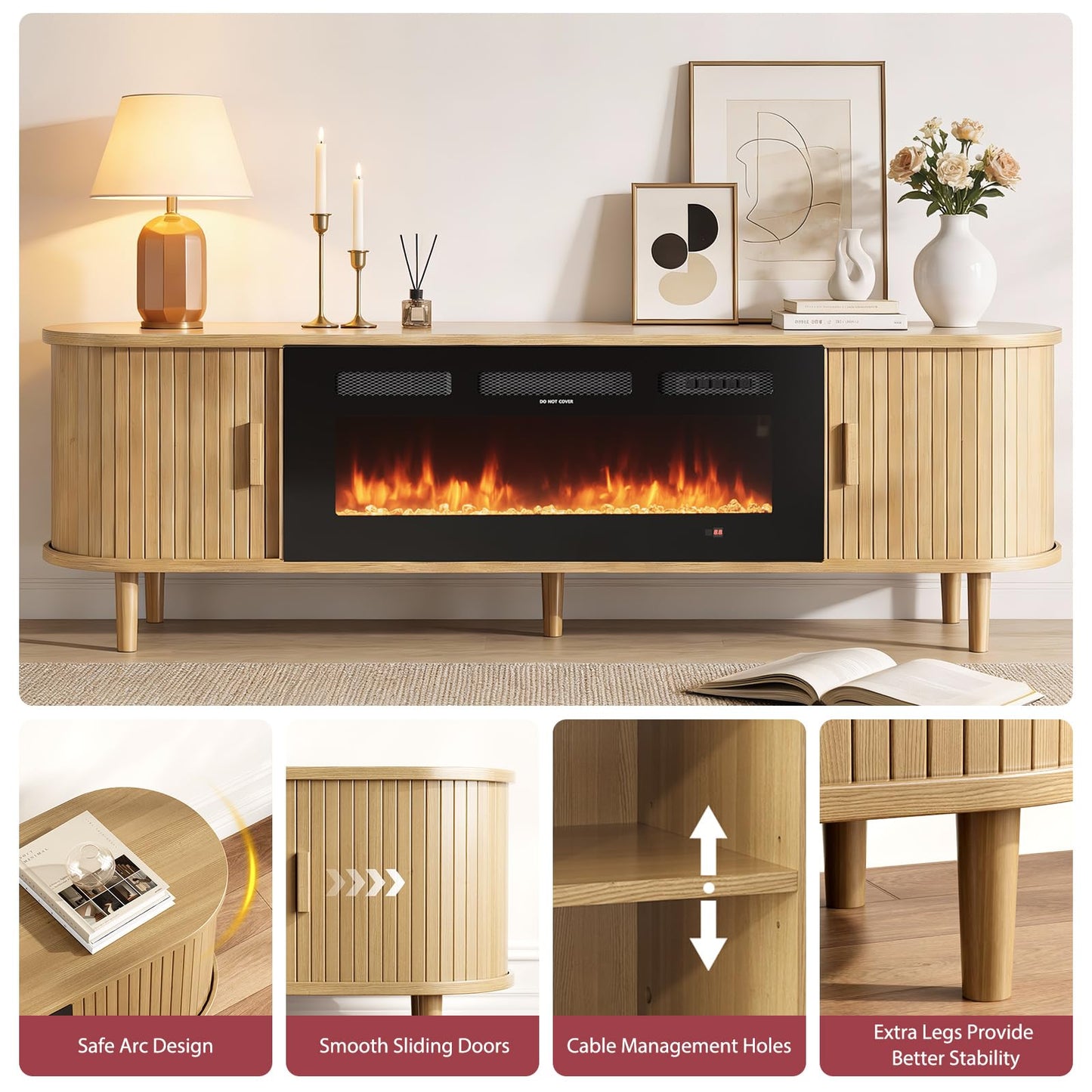 MXV 70″ Fluted Fireplace TV Stand, Mid Century Modern TV Stand with 36″ Fireplace for TVs Up to 80", Entertainment Center with Sliding Door & Solid Wood Legs, for Living Room, Oak