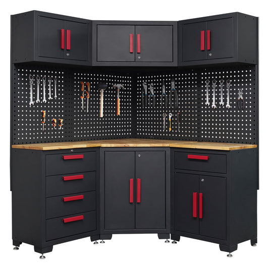 Tsnritor Corner Workshop Set,10-Pcs Garage Cabinets and Storage System with Corner Cabinet, Cabinet Drawers, Workbench, Pegboard for Tool Organization, Red Black