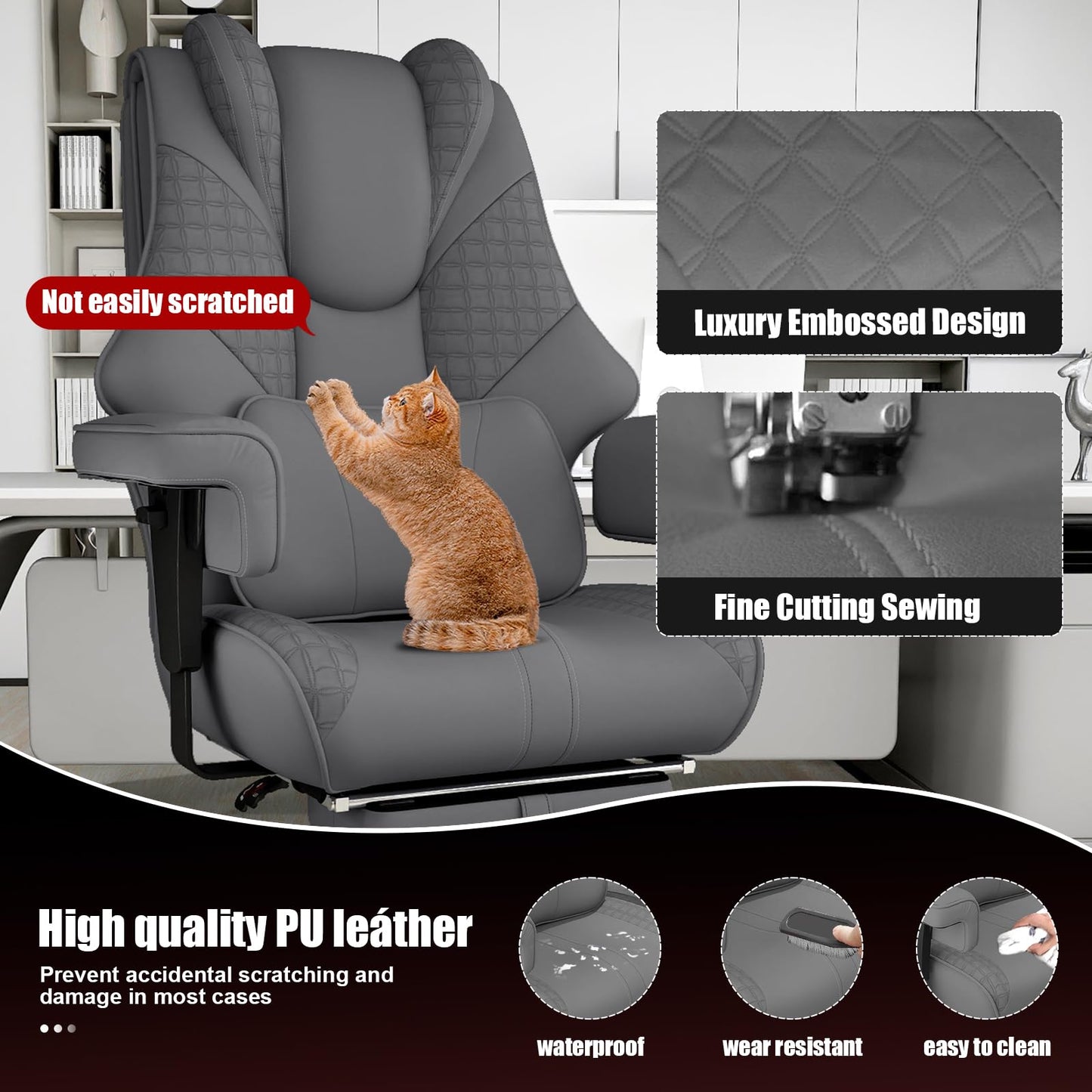 400lbs Big and Tall Office Chair, Wide Ergonomic Leather Executive Chair for Heavy People with Foot Rest, High-Back Reclining Computer Chair with Swivel Wheels and Lumbar Support (Gray)