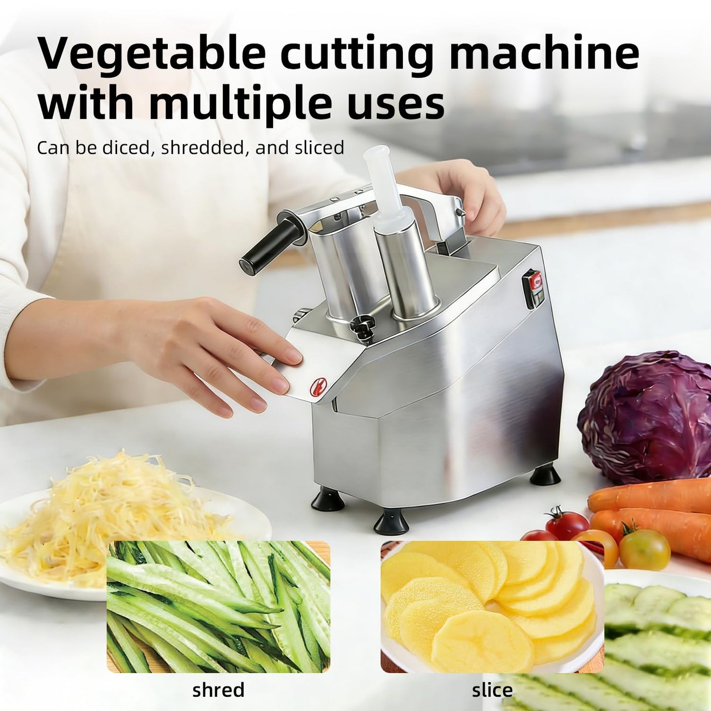 CHEF KEY Commercial Food Processor 550W, 2 Feeding Holes Electric Vegetable Slicer Shredder, 1600 RPM, 5 Blades for 3mm/4mm/7mm Shred, 2mm/4mm Slice, Ideal for Kitchen Restaurant Home Use