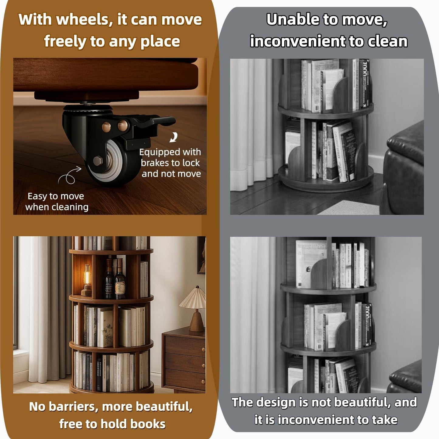 SALUISH Solid Wood Rotating Round Bookshelf Towers with Wheels, Revolving Bookcase 6 Tier 360° Wooden Rotating Book Tower, Narrow Rolling Vertical Display Storage Rack (Walnut, 6 Tier, 78.1" H)