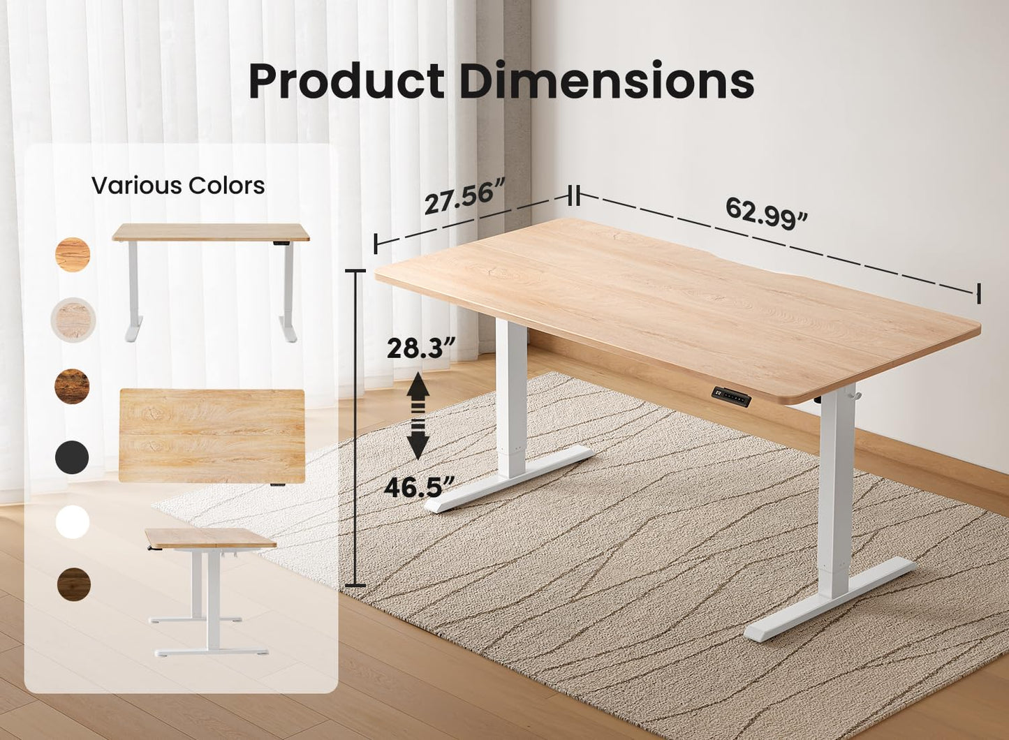 BANTI 63 × 28 Inches Standing Desk, Ergonomic, Electric Height Adjustable, Sit and Stand Up, Computer Desk with a Deeper Desktop, White Frame/Maple Top