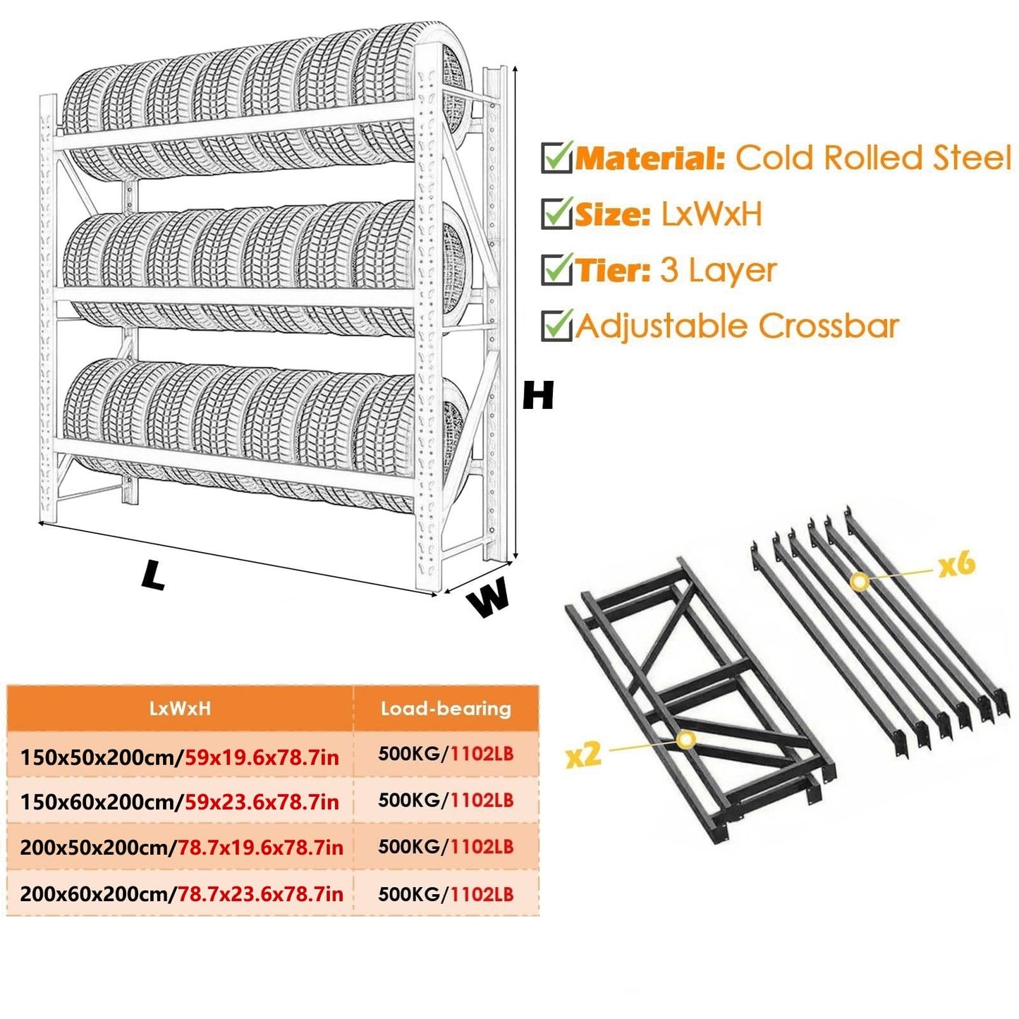 AOCDNEK Heavy Duty Tire Storage Rack, Steel, 1100lb,Load Capacity, Height Adjustable,for Auto Repair Shops Garages(Black,59x23.6x78.7in)