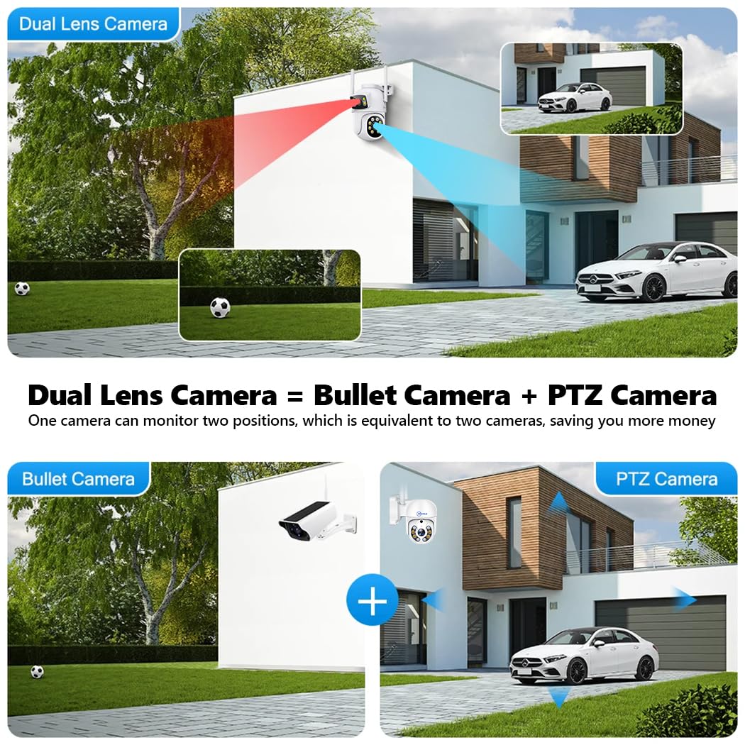 MOVOLS Wireless Security Camera System 5G/2.4G WiFi 4pcs 4MP+4MP Dual Lens Camera with 10" LCD Monitor Screen NVR System,2K HD PTZ Cameras with Color Night Version, Motion Detection,500GB HDD,10CH