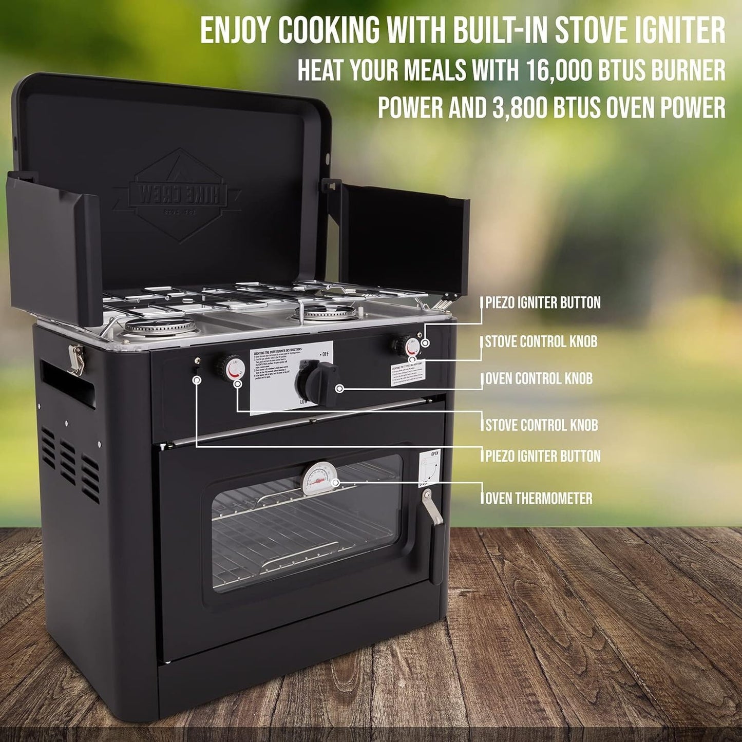 Hike Crew Outdoor Gas Camping Oven w/Carry Bag | CSA Approved Portable Propane-Powered 2-Burner Stove & Auto Ignition, Overheat Safety Shutoff, Built-In Thermometer Hose Regulator Included