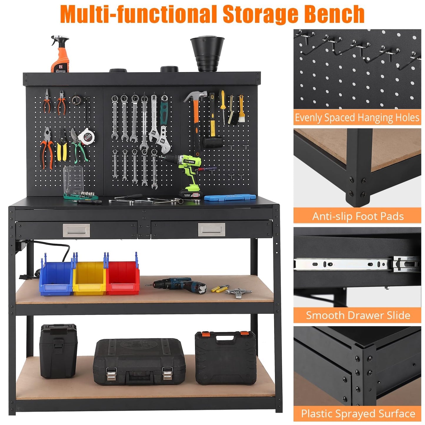 48 in Workbench, Metal Tool Storage Bench with Pegboard with 3 Drawers & Back, Under Shelf, Power Outlet, Hanging Accessories, Topping Space, Multifunctional Work Table for Garage, Workshop, Basement