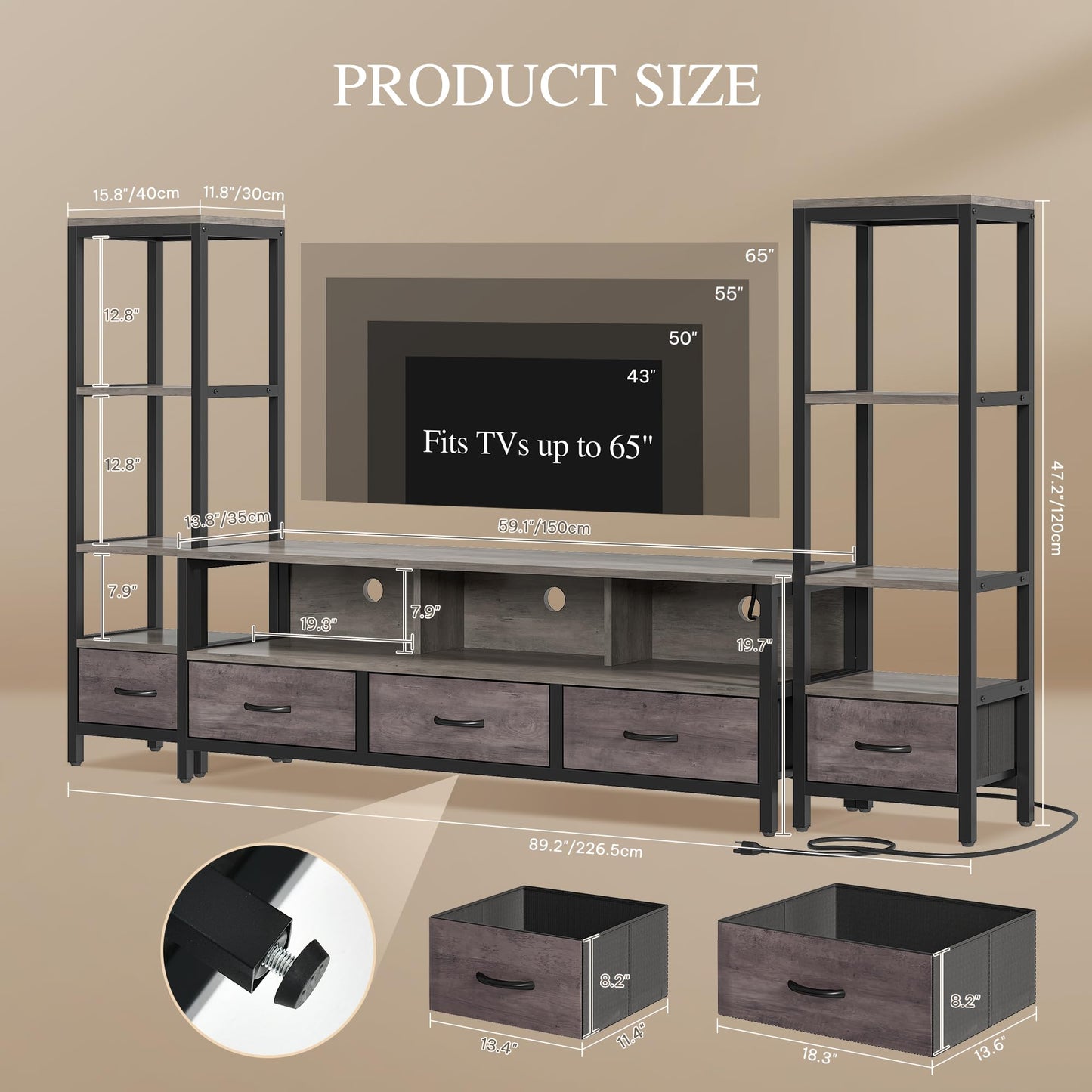 YITAHOME Modern TV Stands for 65 inch TVs, Entertainment Center with Drawers and Bookshelves, LED TV Console Cabinet with Power Outlets for Living Room, Grey