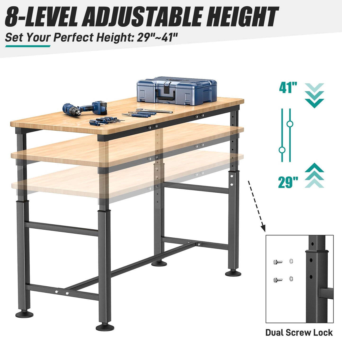 EVERHANGER Workbench for Garage, Adjustable Height Work Table, Heavy Duty Rubber Wood Top Workstation for Workshop (Extra-Large - 60")