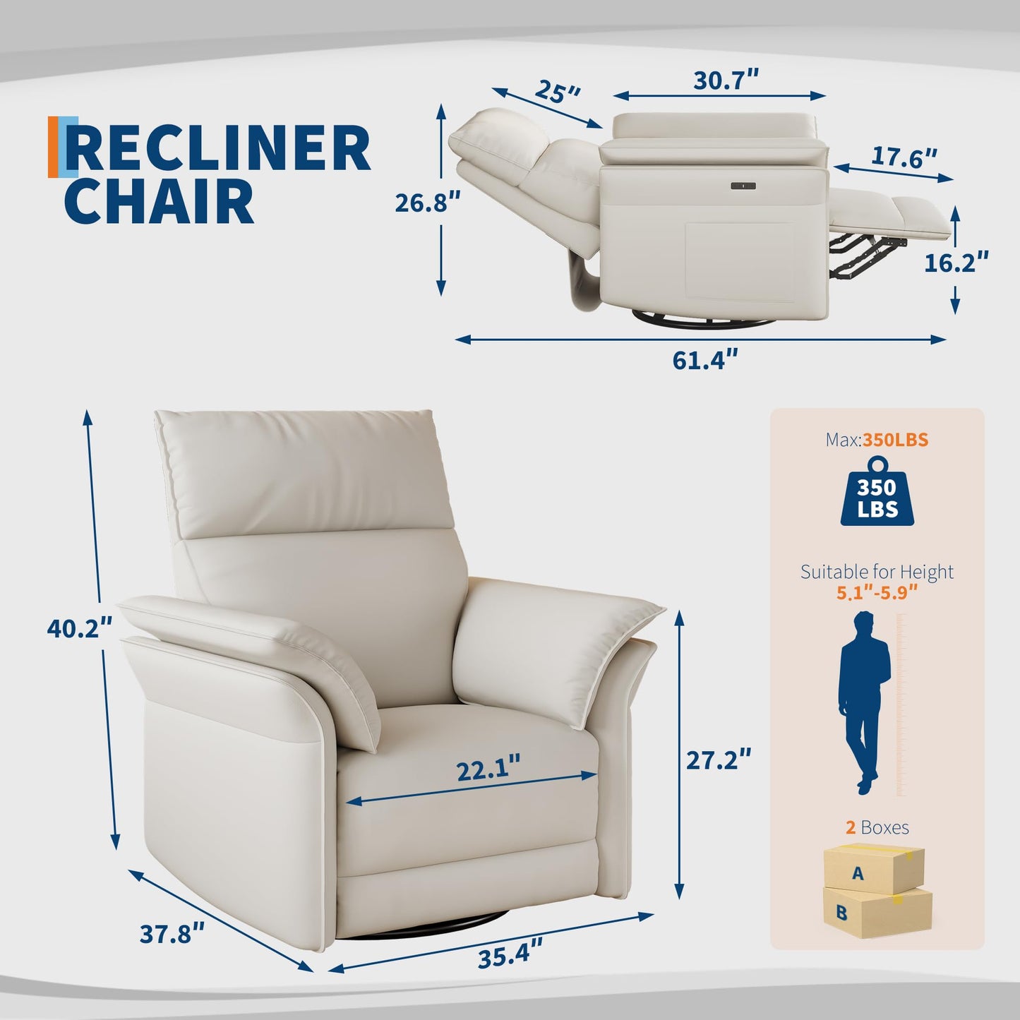 Garvee Power Recliner Glider Chair with Smooth Swivel and Rocking Motion Adjustable Recline USB Charging Port Premium Chenille Fabric and Double Armrests for Living Room and Nursery