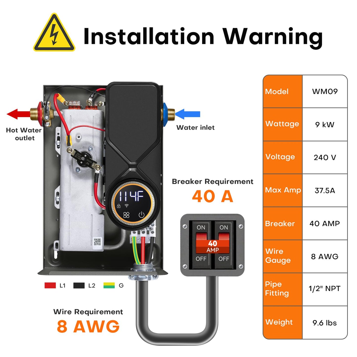 Wintemp Tankless Water Heater Electric 9kW, 240 Volt On Demand Instant Hot Water Heater, Within 1℉ Stable Temp, Up to 2.2 GPM, WiFi Control, ETL Certified, Eco, WM09