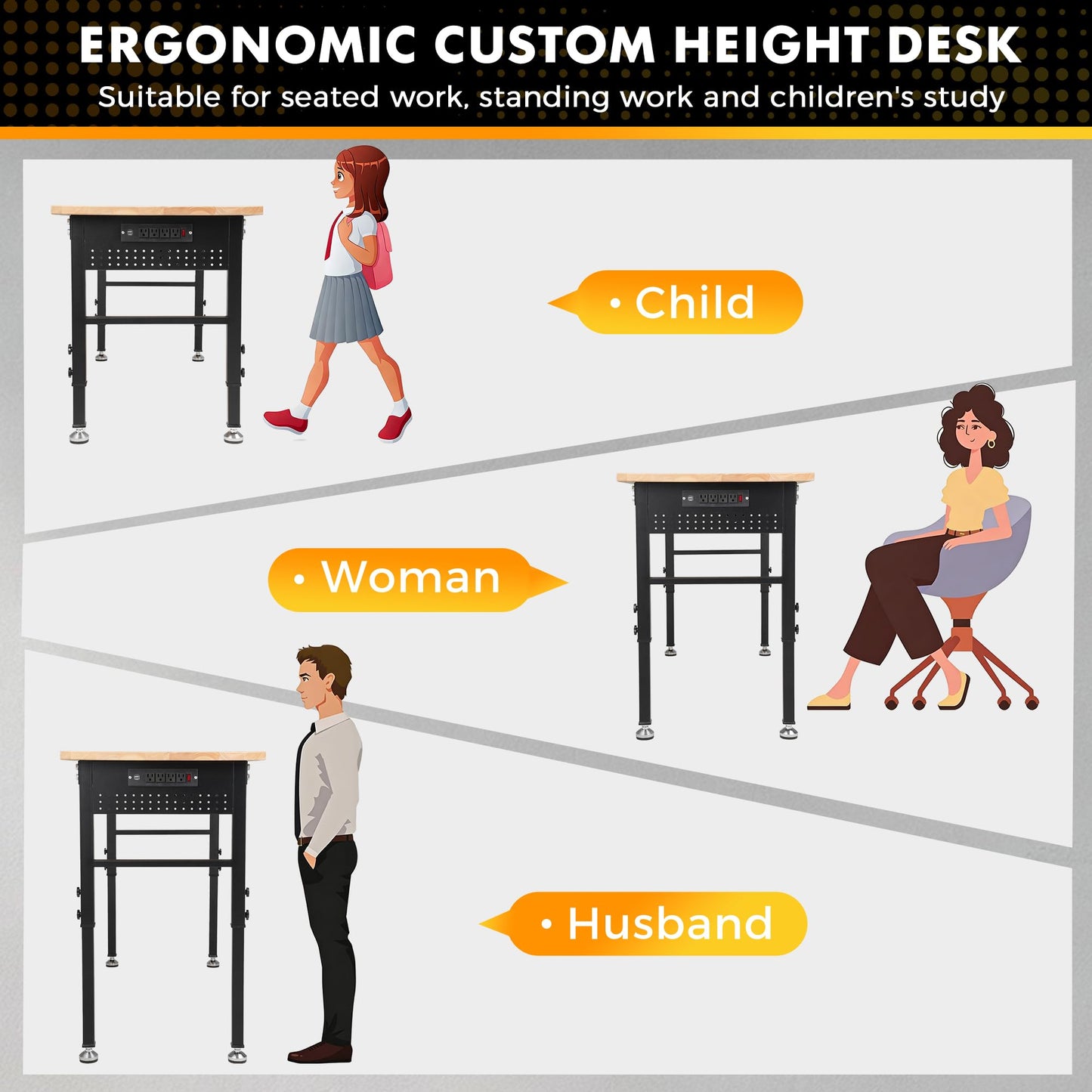 60" Adjustable Workbench with Rubberwood Top & Power Outlet,Large 60 x24Inch 9-Level Height Range 27"-37", 2000 LBS Heavy Duty Capacity for Workshop, Office, Garage, Home