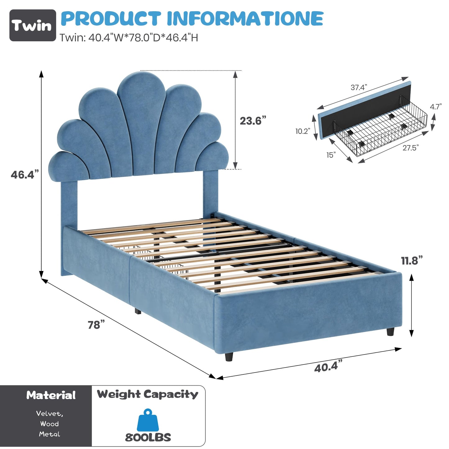 Twin Size Bed Frame for Kids - Cute Princess Style Velvet Headboard with 2 Storage Drawers, Upholstered Platform Bedframe with Solid Wood Slats Support, No Box Spring Needed, Easy Assembly, Blue