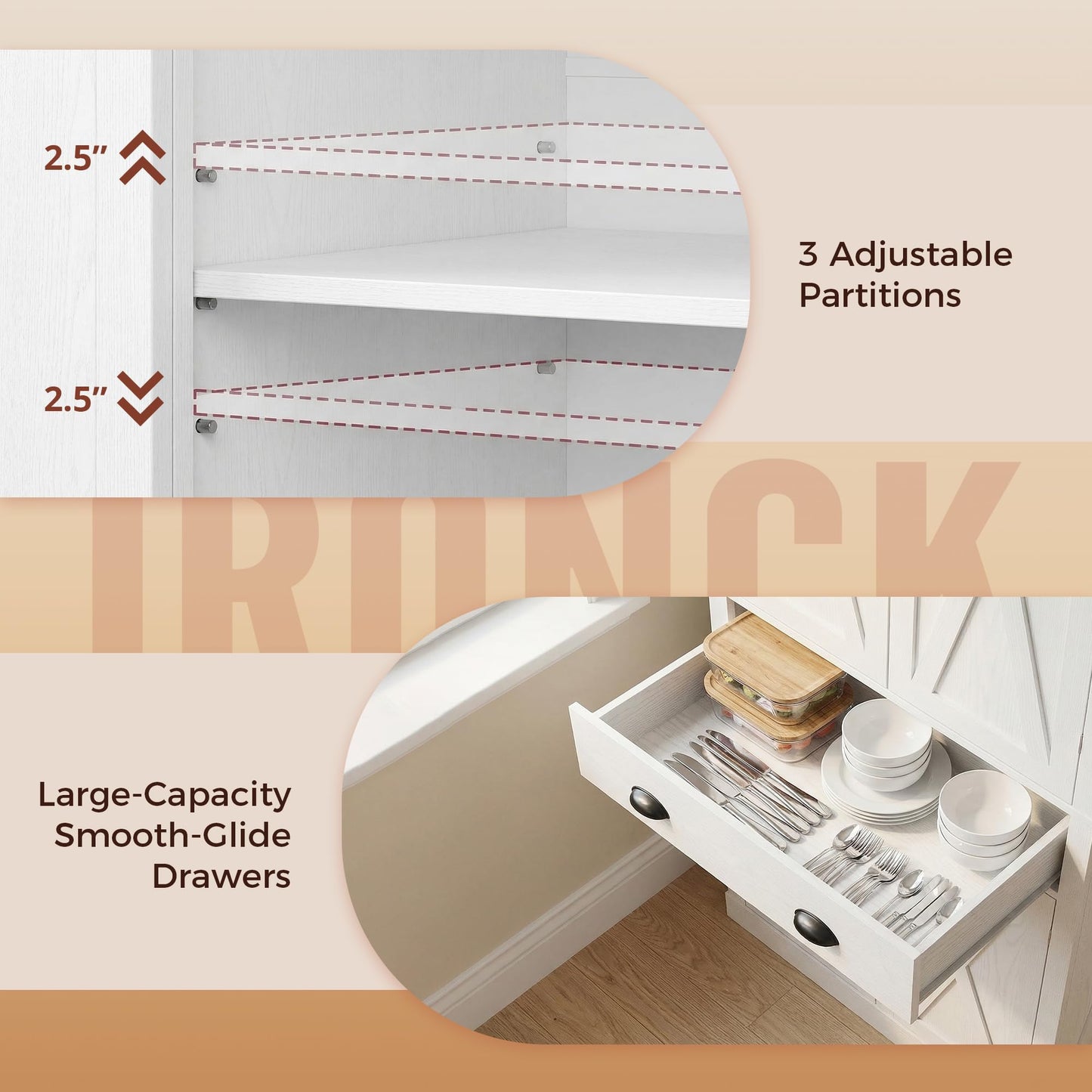 IRONCK 72.6" Tall Farmhouse Kitchen Pantry with Drawer and Adjustable Shelves, Freestanding Storage Cabinet with X-Design Doors, Large Floor Cupboard for Kitchen, Dining Room, White