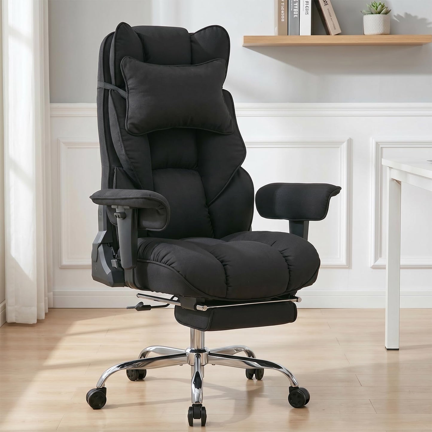 mokodo Big and Tall Office Chair 400lbs, Breathable Fabric Executive Desk Chair with Pocket Spring Cushion, 155° Reclining Computer Chair with Integrated Headrest & Lumbar Pillow (Black)