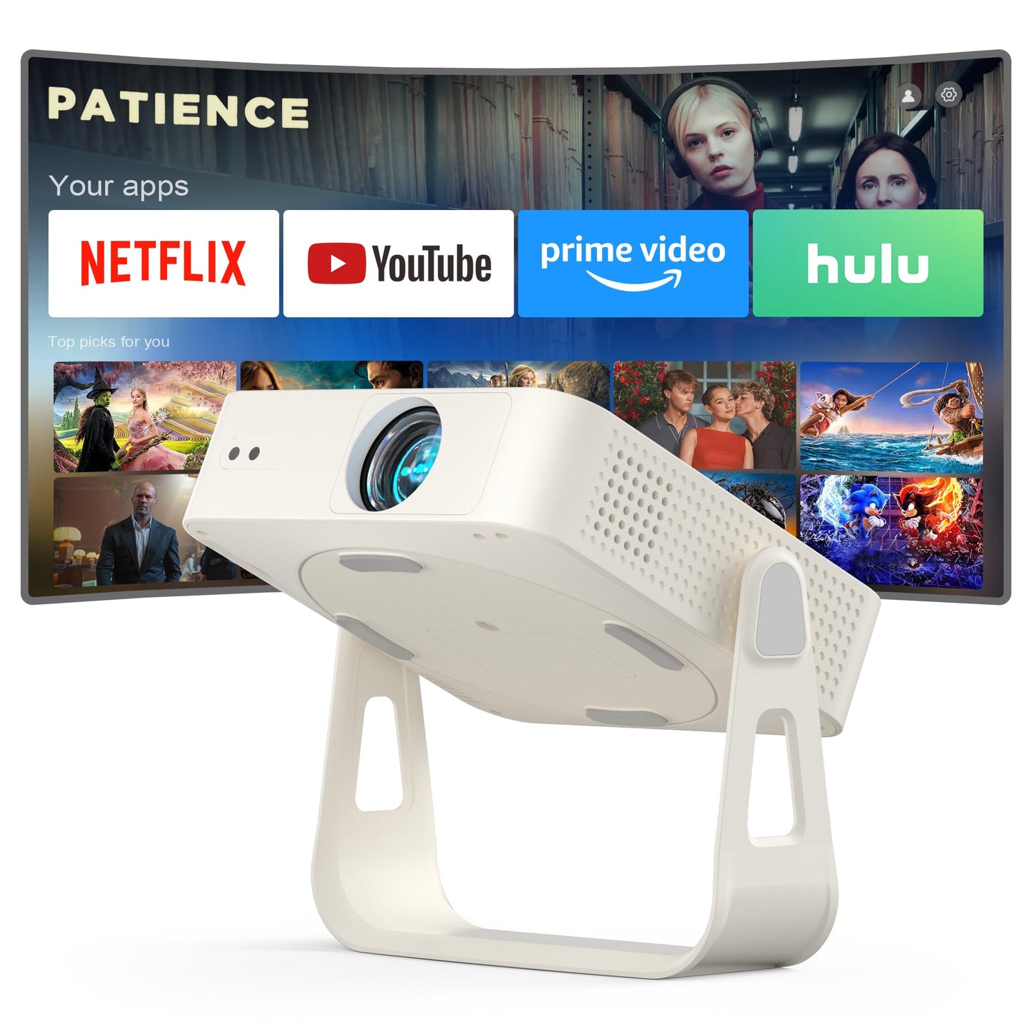 [Officially-Licensed App & Auto Focus]White Smart Mini Projector with WiFi and Bluetooth, XuanPad 4K Support Movie Projector, Portable Native 1080P Outdoor Projector with 360° Stand