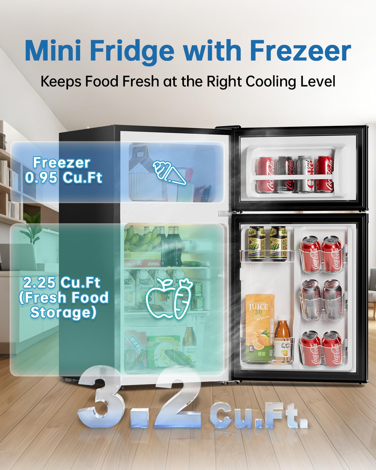 Frostorm 3.2 Cu Ft Mini Fridge with Freezer - Energy Efficient, Double Door Upright Freezer for Bedroom, Office & Dorm,restaurants | Small Fridge, Glass Shelves,Interior Light,ETL Certified,etc