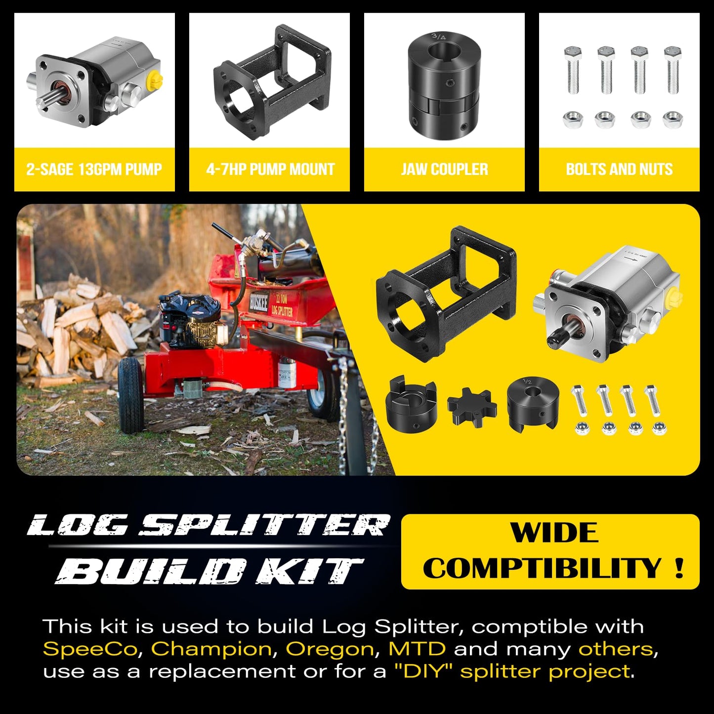 Camoo Log Splitter Build Kit Include 13 GPM Pump, Coupler, Mount, Bolts, Fit for Huskee, Speeco, Oregon, etc and DIY Splitter Project (for 3/4" Engine Crankshaft)