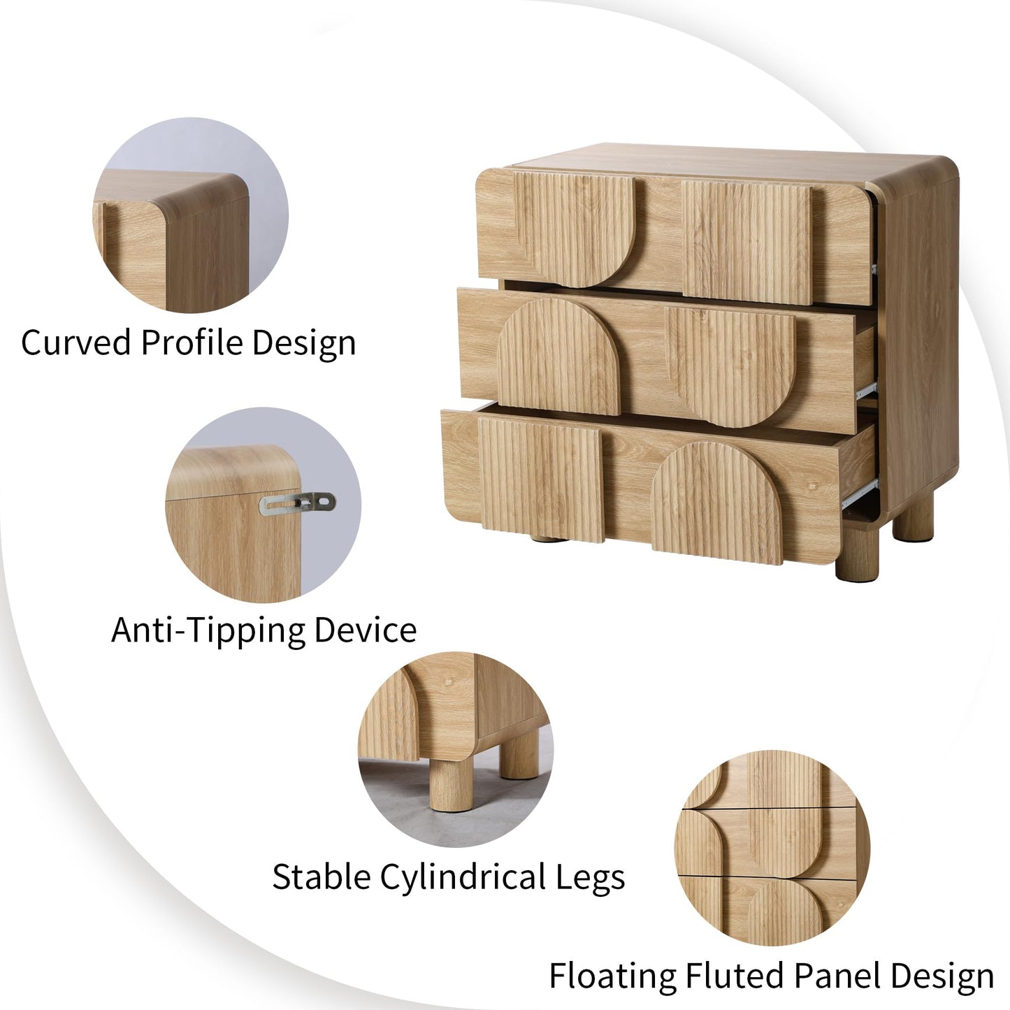 Janmer Home 3 Drawer Dressers for Bedroom, 31.5" Wide Large Mid Century Modern Fluted Nightstand, Wood Dresser & Chest of Drawers with Curved Profile for Living Room, Entryway, Hallway, Natural