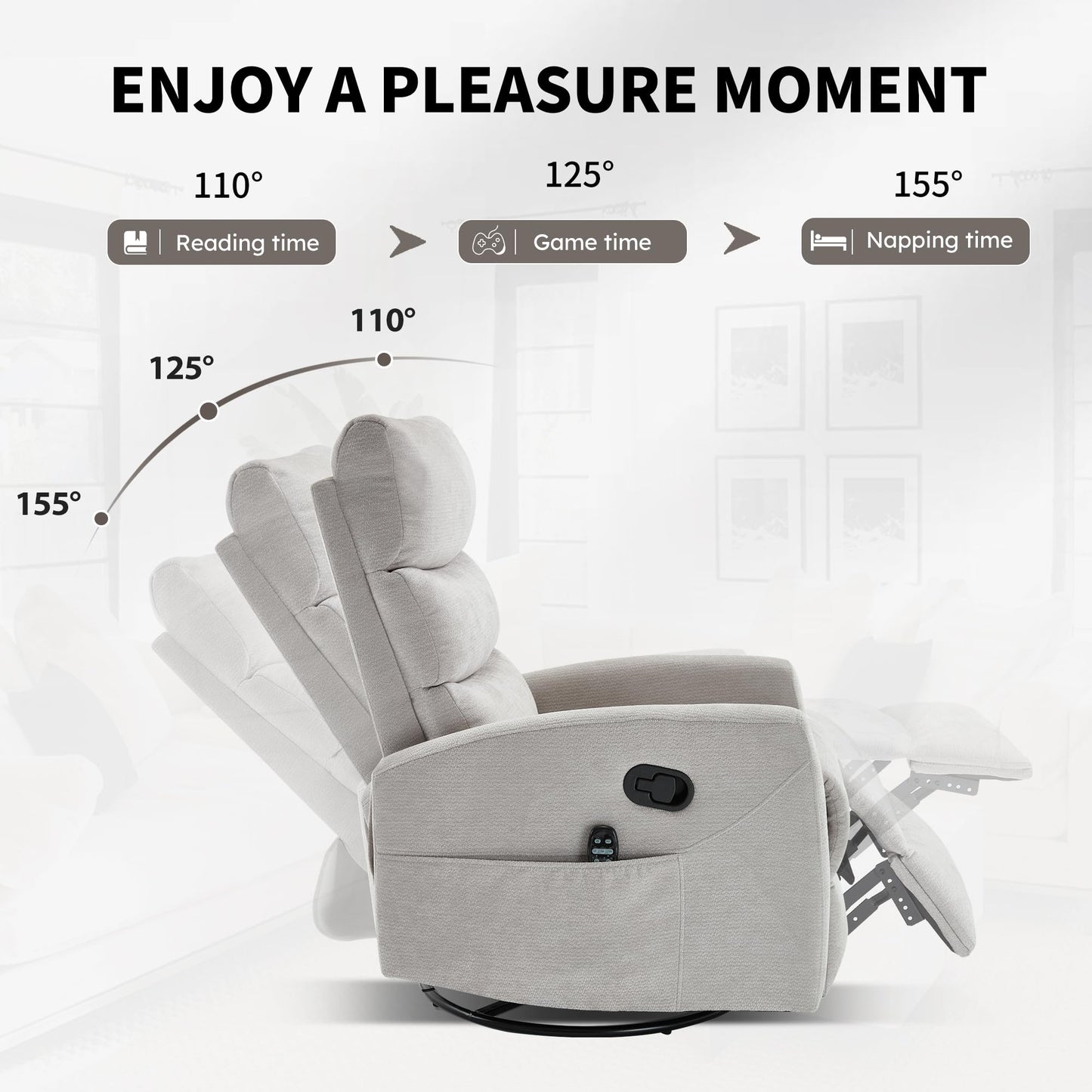 GDFStudio Heat Massage Manual Recliner Chair with Rocking and 360° Swivel, Chenille Fabric Recliner Chair with Lumbar Heat, 8-Point Vibration Massage, 155° Reclining Chair for Living Room, Grey