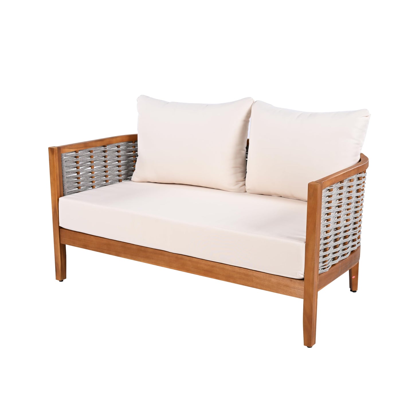 Merax 2 Pieces Acacia Wood Patio Furniture Set, Outdoor Woven Rope Conversation Sets with Deep Seating Soft Cushions Loveseat and Round Coffee Table for Backyard, Porch, Balcony, Garden, Teak & Beige