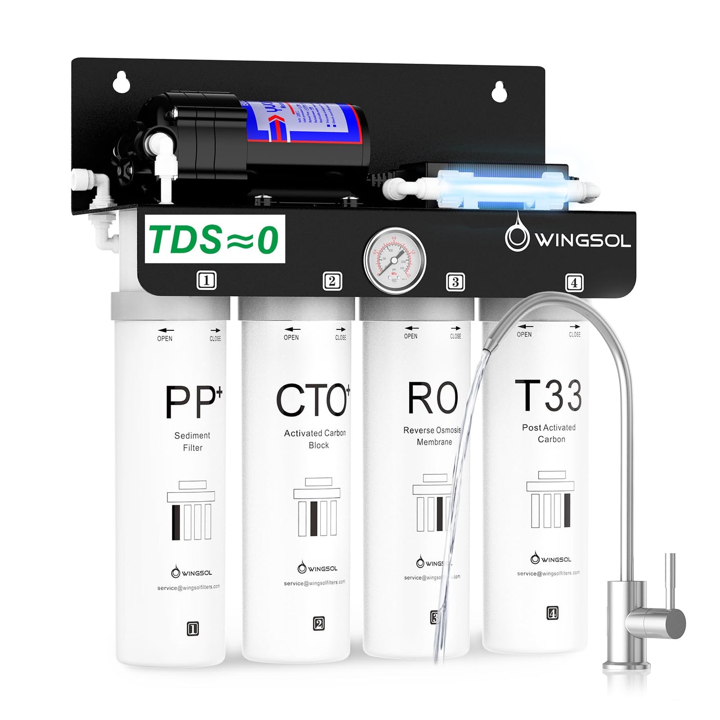 WINGSOL Reverse Osmosis Water Filter, 0 TDS UV Space-Saving Tankless RO System, 10-Layer Filtration Under Sink, NSF/ANSI 42&53&58 Certified, Easy-Change Filter, Plug-in Required