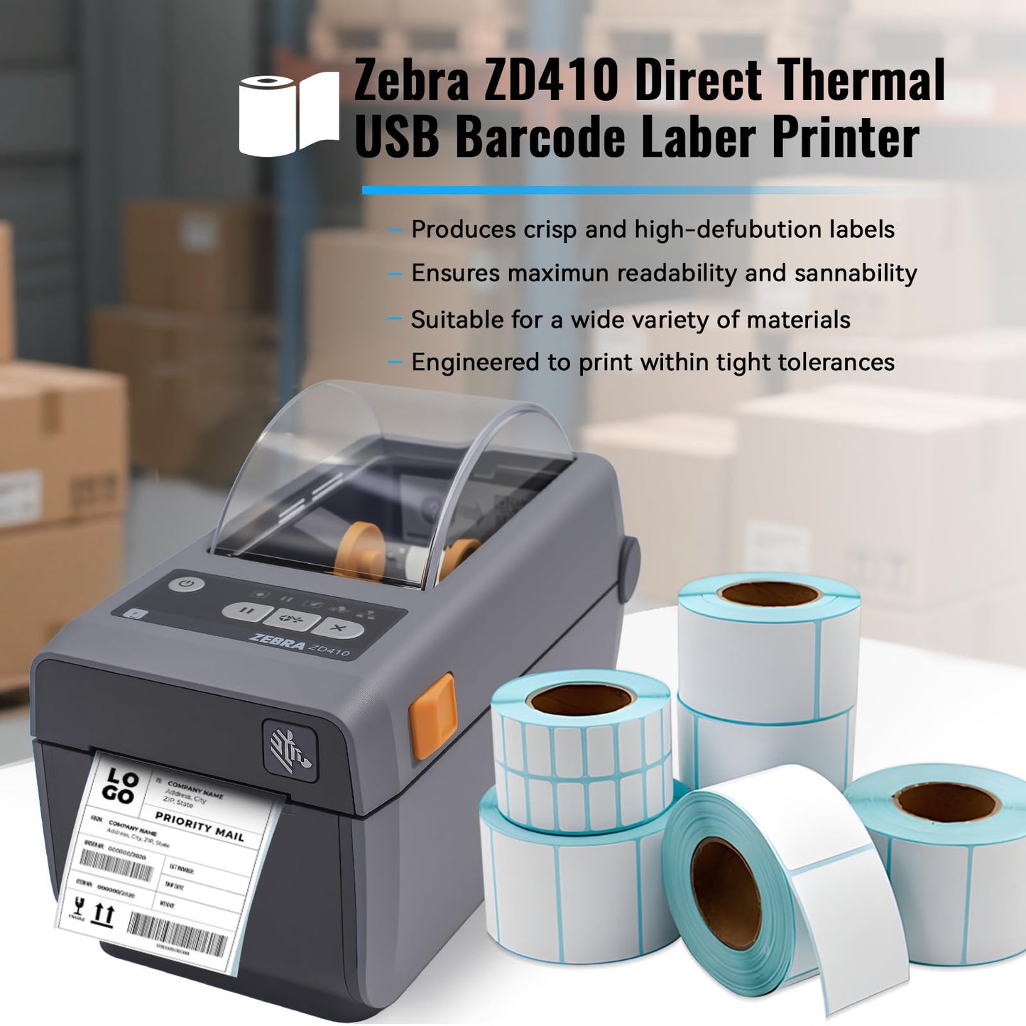 Zebra ZD410 203dpi Direct Thermal Desktop Monochrome Printer Print Width of 2 in Ethernet USB Connectivity, USB Host - ZD41022-D01000EZ