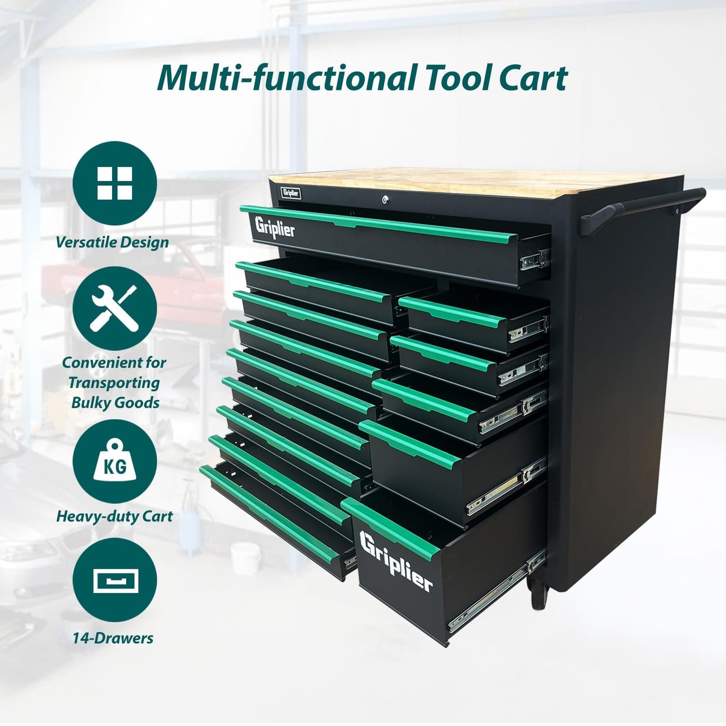 Griplier 14-Drawers Rolling Tool Chest with Wood Workbench,Brake Casters,Lock & Key,Heavy-Duty Steel Tool Cabinet Storage, for Home,Garbge or Workshop Use (14 Drawers)