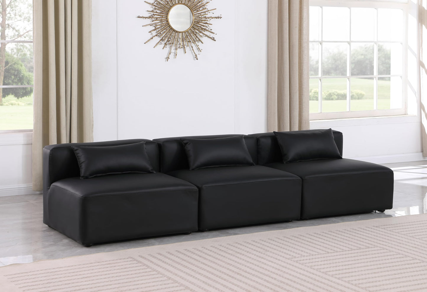 Meridian Furniture 668Black-S108A Cube Collection Modern | Contemporary Modular Sofa with Soft Black Vegan Leather, Modular to Create Infinite Configurations, 108" W x 36" D x 26" H, Black