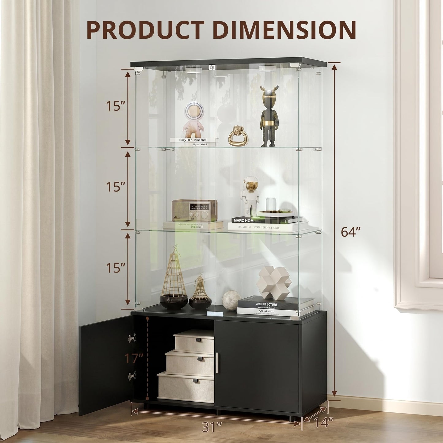 Zevemomo Tempered Glass Display Cabinet with Lights, Double Door, Black