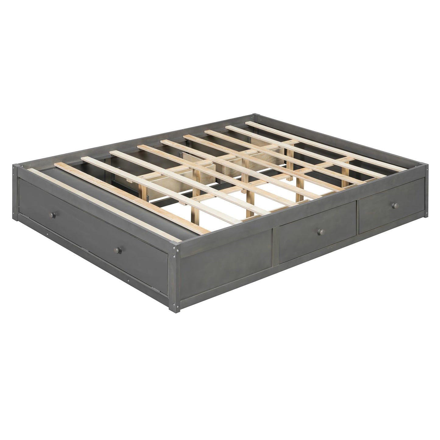 Merax Queen Size Wood Platform Bed with 4 Underbed Drawers and Hydraulic Lift Footboard Storage, Modern Bed Frame with Solid Wooden Slat Support for Bedroom, No Box Spring Needed, Easy Assembly, Gray