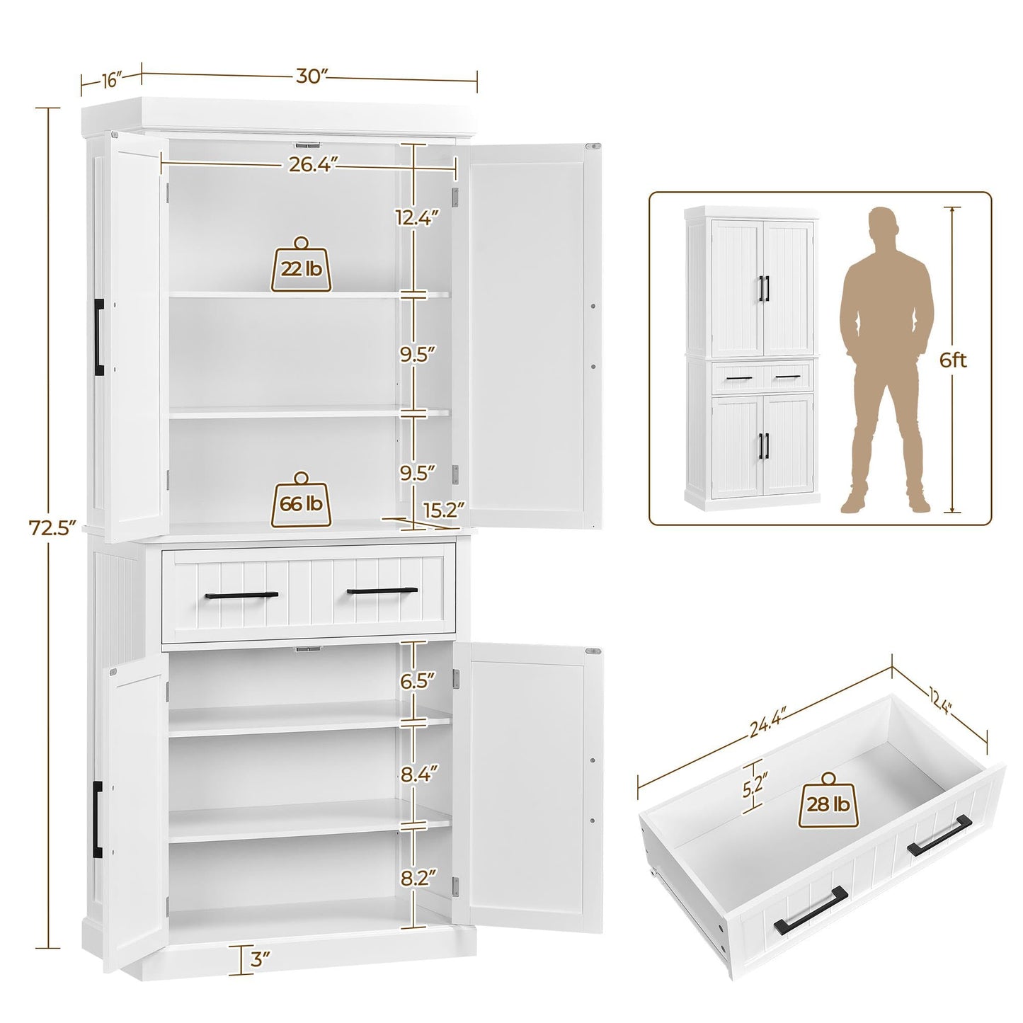 Yaheetech Kitchen Pantry Storage Cabinet with 4 Doors and 2 Adjustable Shelves, 72.5" Freestanding Tall Cupboard Cabinet with Drawer for Dining/Living Room, White