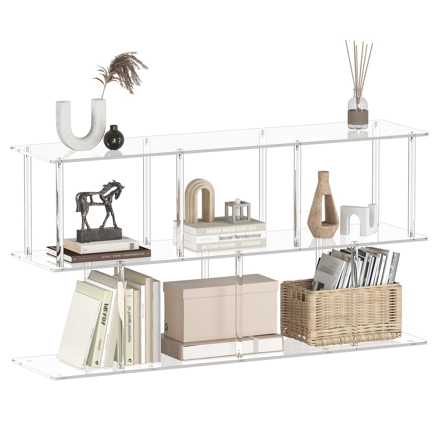 CRTERICX 3-Tier Acrylic Horizontal Bookshelf, Clear Long Bookcase, Modern Low Book Shelf with 5 Cube Storage for Living Room, Office, Bedroom, 11.8''D x 47.2''W x 24.6''H