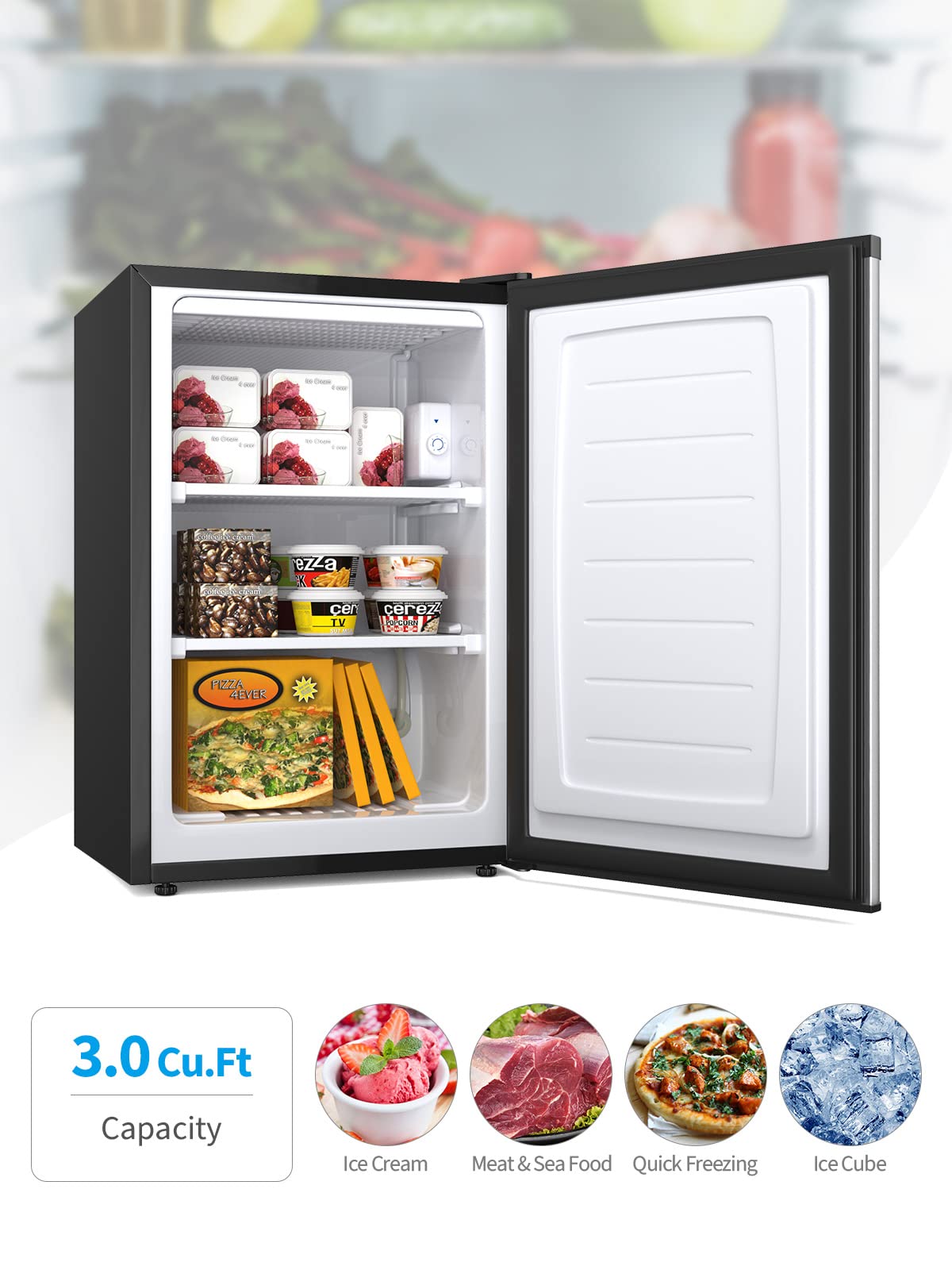 NAFORT Compact Upright Freezer 3.0 Cu. Ft. with Stainless Steel Single Door, Small Freezing Machine with Reversible Door, 7 Grade Adjustable Thermostat for Home Office
