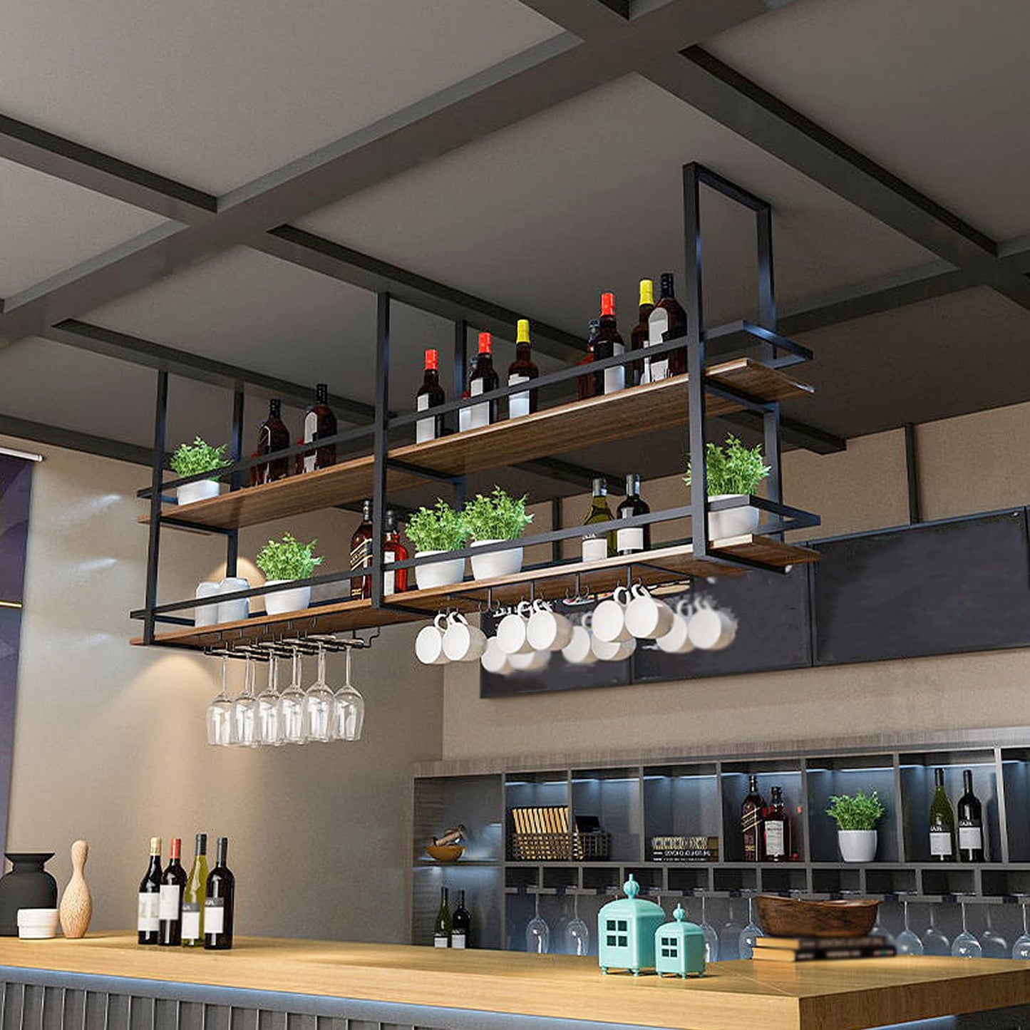 Ceiling Wine Glass Rack - 55.1in Hanging Wine Rack with Glass Holder and Shelf, 2 Layer Industrial Hanging Wine Bottle Holder, Black Metal Ceiling Shelf for Bar Cafe Kitchen (Black, 55.1×11.8×31.4in)