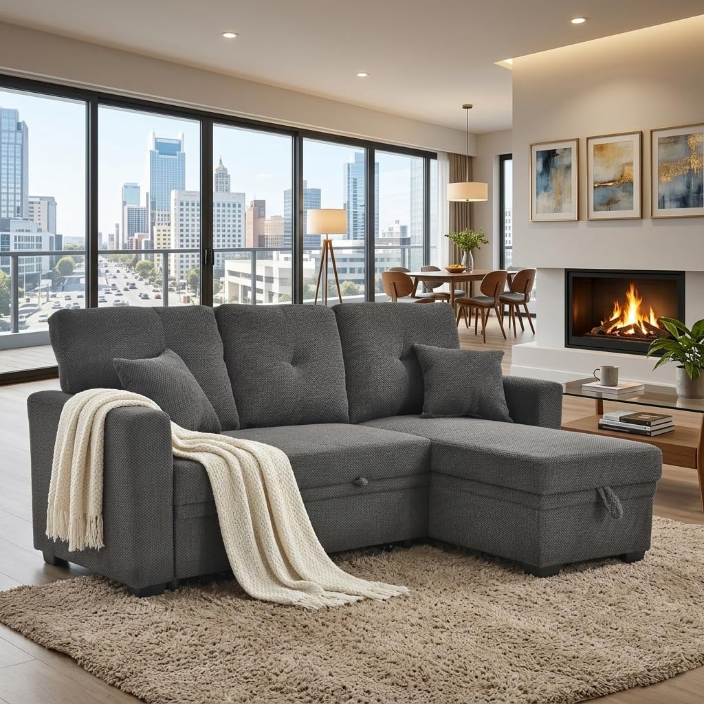 Eafurn 71" L Shaped Sectional Sleeper Sofa Bed with Pull Out Bed, Comfy Fabric Corner Sleeper Sectional Pull Out Couch with Tufted Backrest/Reversible Storage Chaise/2 Pillows
