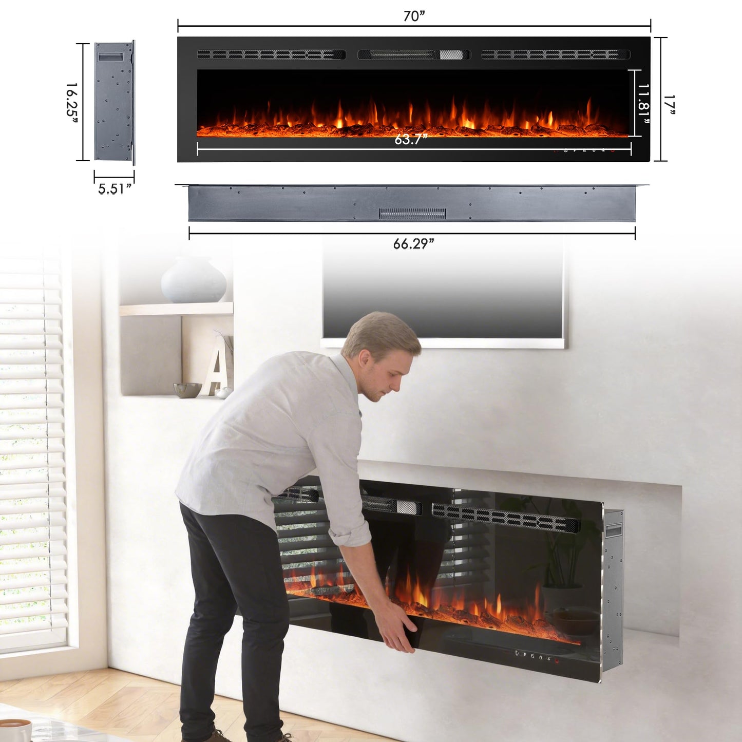 CharaVector 70 inch 750W/1500W Electric Fireplace Inserts with Remote Control in Wall Mounted, Energy Saving LED Insert Fireplace Heater Indoor Glass View with Remote Control & Touch Screen, Black