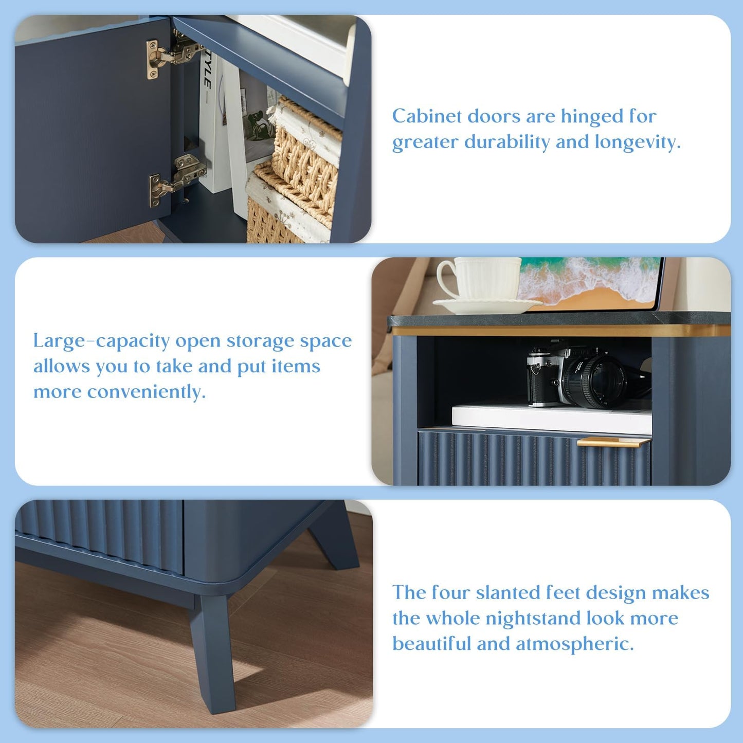 RNLRNL Fluted Nightstand Set of 2 with Charging Station, Bedside Table with Open Storage and Cabinet, 18" Modern Side Table, End Table for Bedroom, Living Room, Navy Blue