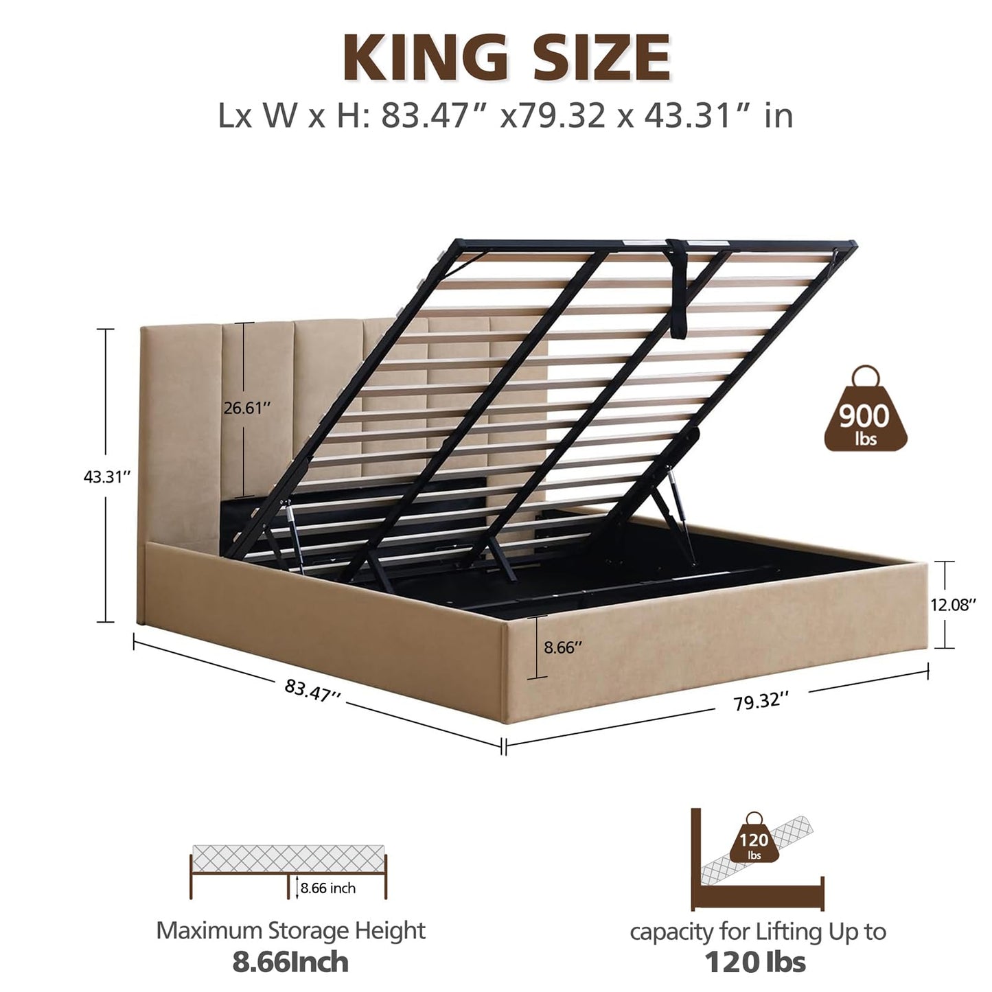 VELOCAVA King Size Upholstered Lift-Up Storage Bed, Beige Linen-Look Fabric Bed Frame with Vertical Panel Headboard, Hydraulic Lift Storage, Wooden Slat Support, No Box Spring Needed