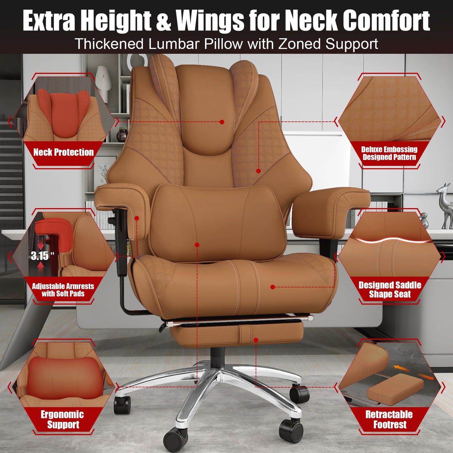 400lbs Big and Tall Office Chair, Wide Ergonomic Leather Executive Chair for Heavy People with Foot Rest, High-Back Reclining Computer Chair with Swivel Wheels and Lumbar Support (Brown)