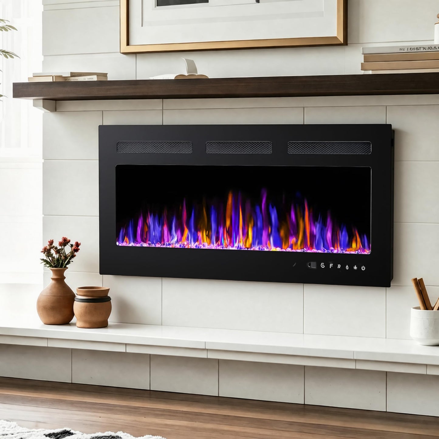 BETELNUT 40" Electric Fireplace Wall Mounted and Recessed with Remote Control, 750/1500W Ultra-Thin Wall Fireplace Heater W/Timer Adjustable Flame Color and Brightness, Log Set & Crystal Options