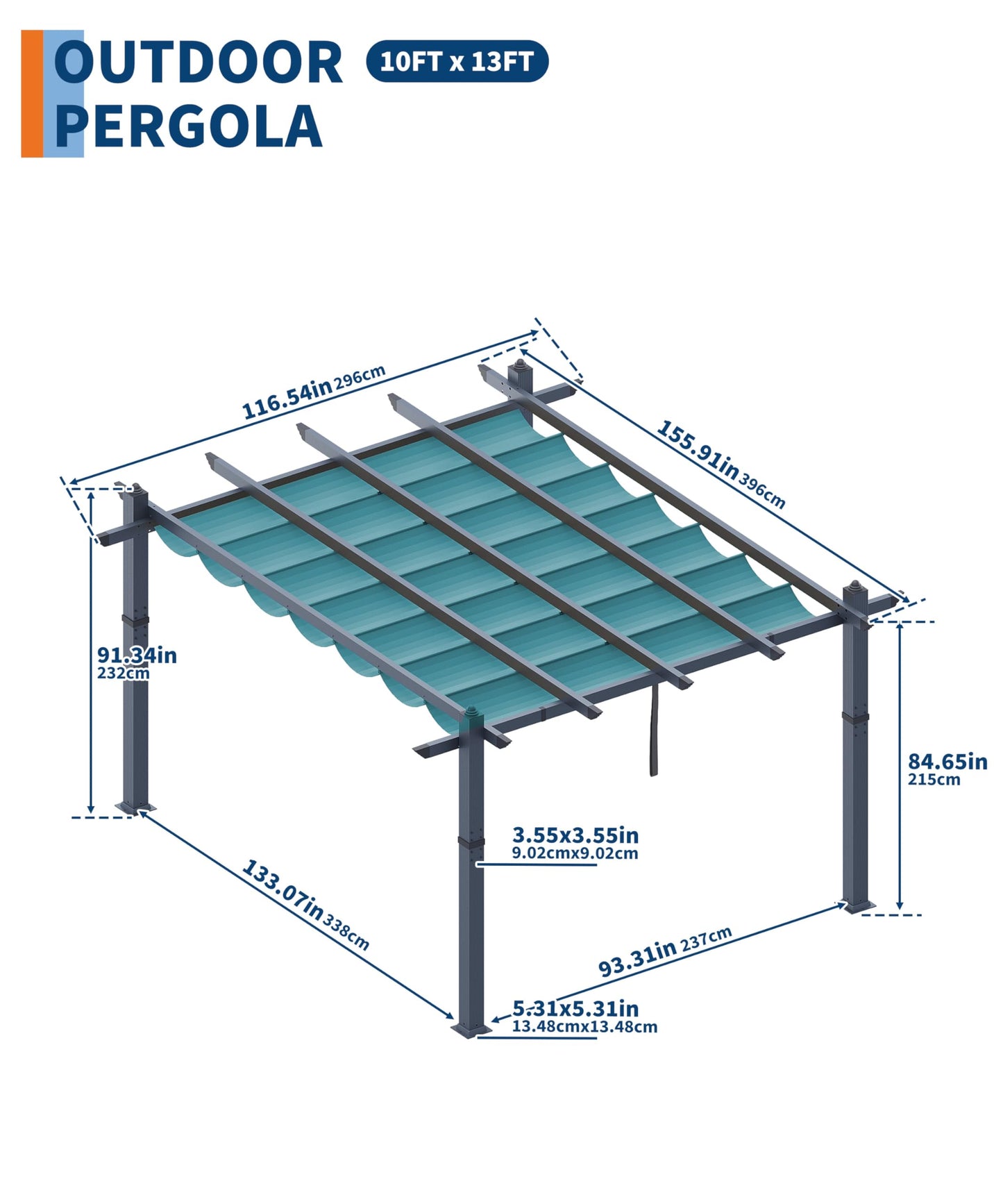 GarveeLife 10x13 ft Aluminum Pergola, Outdoor Metal Pergola with Adjustable Canopy, Reinforced Frame Outdoor Shelter for Backyard, Garden and Deck - Blue