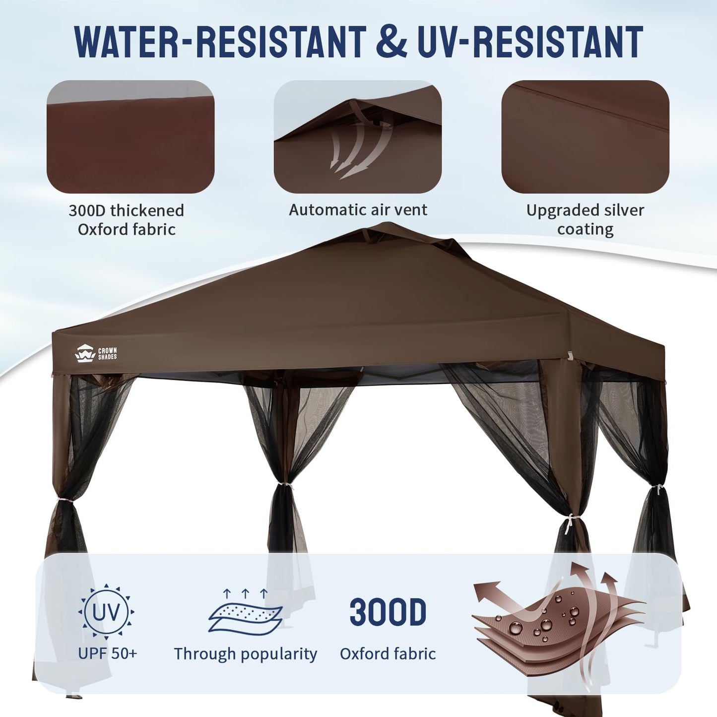 CROWN SHADES Gazebo 10x10 Pop Up Canopy with Mosquito Netting, Screen Tent with 4 Ropes, 8 Stakes, 4 Sandbags and Wheeled Storage Bag, Canopy for Patio & Backyard Parties,Camping&Events -(Coffee)